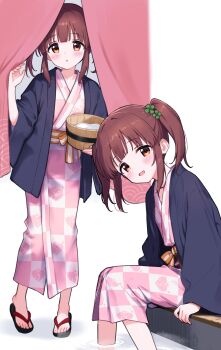 1girl absurdres bath_yukata blue_haori bucket clover_hair_ornament commentary flip-flops hair_ornament haori highres holding holding_bucket idolmaster idolmaster_cinderella_girls japanese_clothes jia_wenyuan kimono long_sleeves looking_at_viewer medium_hair multiple_views ogata_chieri open_mouth orange_eyes pink_kimono red_hair sandals sidelocks sitting smile soaking_feet symbol-only_commentary twintails wide_sleeves wooden_bucket yukata zouri