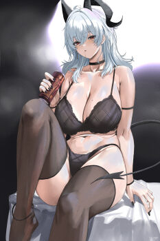 1girl absurdres ahoge alternate_breast_size_(larger) bare_shoulders black_choker black_horns black_nails black_tail black_thighhighs breasts can choker cleavage collarbone commentary curled_horns demon_tail drink_can fingernails foot_out_of_frame hair_between_eyes highres holding holding_can horns huge_breasts knee_up looking_at_viewer mole mole_on_breast nail_polish navel nuo_(fttv3255) red_eyes sitting solo stomach tail thighhighs thighs wuthering_waves zani_(wuthering_waves)