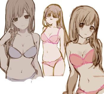 1girl bra breasts brown_eyes brown_hair cleavage closed_mouth hair_ornament hairclip highres long_hair looking_at_viewer navel panties pink_bra pirorr simple_background smile solo sophia_esteed star_ocean star_ocean:_till_the_end_of_time sweat underwear white_background