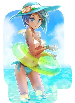 1girl bikini blue_bikini blue_eyes blue_hat blue_panties breasts ciel_soleil cleavage cloud dark-skinned_female dark_skin day female_focus flower_as_hat forehead_jewel green_hair hat iesupa innertube mismatched_bikini navel o-ring o-ring_bikini panties rwby side-tie_bikini_bottom sky solo sparkle swim_ring swimsuit transparent underwear wading watch water white_bikini wristwatch