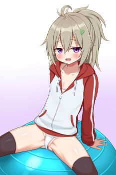 1girl :d ahoge ball bikini black_thighhighs blush collarbone commentary_request exercise_ball hair_between_eyes hibi_wa_sugiredo_meshi_umashi higa_tsutsuji highres hood hood_down hooded_jacket jacket long_hair long_sleeves looking_at_viewer micro_bikini open_mouth purple_eyes pussy pussy_peek smile solo swimsuit swimsuit_under_clothes tassel thighhighs white_bikini yakinasu87 zipper_pull_tab