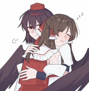 2girls bandaid bandaid_on_face bow brown_hair closed_eyes closed_mouth commentary_request detached_sleeves frilled_bow frilled_hair_tubes frills hair_bow hair_tubes hakurei_reimu hat hug long_hair multiple_girls red_bow red_eyes red_hat sakic43899 shameimaru_aya shirt short_sleeves simple_background sleeping smile tokin_hat touhou white_shirt wings zzz