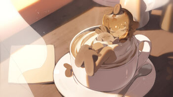 1girl :o brown_hair character_request closed_eyes coffee commentary_request cup curtains day duel_monster facing_viewer food highres in_container in_cup in_food indoors mini_person minigirl parted_lips personification ro_g_(oowack) saucer solo spoon sunlight transparent yu-gi-oh!