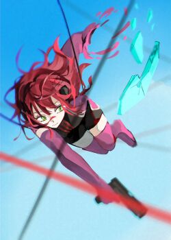 1girl amputee blue_background boots breasts broken_glass commentary elbow_gloves floating_hair glass gloves green_eyes gun handgun headphones highres holding holding_gun holding_weapon jacket katori_squad's_uniform katori_youko long_hair purple_boots purple_gloves purple_jacket red_hair short_jumpsuit short_sleeves signature solo thighhighs torture_ws twitter_username weapon wire world_trigger