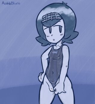 1girl animal_print arnkleblarn bar_censor blue_background blue_theme blush breasts censored clothing_aside collarbone covered_erect_nipples fish_print hairband hand_on_own_hip highres lana_(pokemon) loli looking_to_the_side monochrome nintendo one-piece_swimsuit open_mouth pokemon pokemon_sm print_swimsuit pussy school_swimsuit short_hair small_breasts standing swimsuit swimsuit_aside