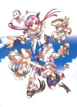 aika_granzchesta akira_ferrari alice_carroll alicia_florence amano_kozue aria_(manga) aria_company_uniform aria_pokoteng athena_glory black_hair blonde_hair blue_sky braid cat cloud gloves green_eyes hat highres hime_granzchesta himeya_company_uniform long_hair long_skirt mizunashi_akari multiple_girls orange_planet_uniform pink_hair short_hair short_hair_with_long_locks short_sleeves single_braid skirt sky