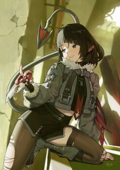 1girl animal_ears black_hair breasts commentary efmoe english_commentary fingerless_gloves fur-trimmed_jacket fur_trim garter_straps gloves green_eyes green_jacket high-waist_shorts highres jacket jane_doe_(zenless_zone_zero) knife large_breasts long_hair mouse_ears mouse_girl mouse_tail multicolored_hair necktie pantyhose red_hair red_nails sharp_tail shorts single_garter_strap single_leg_pantyhose solo tail thighhighs torn_clothes torn_pantyhose torn_thighhighs two-tone_necktie zenless_zone_zero