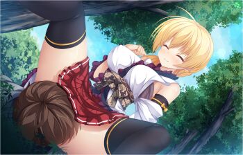 Rule 34 | 1boy, 1girl, ^ ^, ahoge, arichi masaomi, bare shoulders, black thighhighs, blonde hair, blush, braid, breasts, brown hair, clenched hand, closed eyes, closed mouth, day, dutch angle, forest, frilled sleeves, frills, game asset, girl on top, grass, hair between eyes, hand up, hetero, japanese clothes, kimono, kobuichi, large breasts, lena liechtenauer, long hair, miniskirt, nature, non-web source, official alternate costume, official alternate hairstyle, official art, on ground, otogi frontier, outdoors, pleated skirt, red skirt, senren banka, short hair, single braid, sitting, sitting on person, skirt, smile, spread legs, thighhighs, thighs, tree, variant set, white kimono, zettai ryouiki