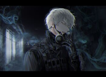 Rule 34 | 1boy, aegyo sal, black gloves, black shirt, black vest, blackbox (blackbox9158), gas mask, gloves, head tilt, highres, indoors, letterboxed, looking at viewer, male focus, mask, military uniform, orange eyes, original, parted lips, removing mask, shirt, short hair, smoke, smoke trail, solo, upper body, vest, white hair, window light
