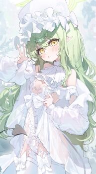 1girl absurdres ascot bare_shoulders blue_archive blush bow breasts commentary_request cowboy_shot demon_tail dress frilled_hat frills green_hair hair_between_eyes hand_up hat highres hikari_(blue_archive) jacket kabedoru long_hair long_sleeves looking_at_viewer navel off_shoulder open_clothes open_jacket parted_lips pointy_ears revealing_clothes simple_background sketch small_breasts solo tail thighhighs v very_long_hair w white_ascot white_background white_bow white_dress white_hat white_jacket white_thighhighs yellow_eyes