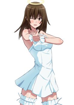 1girl absurdres aged_up bare_shoulders breasts brown_eyes brown_hair commentary_request dress hair_between_eyes halo highres kakukakusan medium_breasts medium_hair monogatari_(series) one_eye_closed sengoku_nadeko short_dress simple_background solo upper_body white_background white_dress