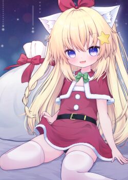1girl animal_ear_fluff animal_ears belt black_panties blonde_hair blue_eyes blush bow braid capelet cat_ears cat_girl christmas clothes_lift dress dress_lift hair_bow hair_ornament highres imyme12 lifting_own_clothes long_hair open_mouth original panties panty_peek red_capelet red_dress red_ribbon ribbon sack santa_costume santa_dress smile solo star_(symbol) star_hair_ornament thighhighs thighs underwear white_thighhighs