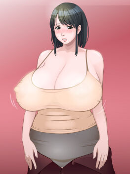 1girl black_hair blush bouncing_breasts breasts cleavage covered_erect_nipples female_focus flying_tree_frog hip_focus huge_breasts mature_female miniskirt mole nipples see-through_clothes skirt solo standing tank_top undressing wide_hips