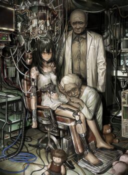 1boy 2girls absurdly_detailed_composition absurdres black_hair computer cyborg doll father_and_daughter highres husband_and_wife ikuta41 indoors joints lab_coat loaded_interior long_hair mechanical_arms mechanical_hands mechanical_legs mother_and_daughter multiple_girls old old_man old_woman original robot_joints sad white_hair