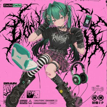 1girl absurdres album_cover asymmetrical_legwear bandaid bandaid_on_knee bandaid_on_leg belt black_boots black_choker black_gloves black_shirt boots choker cocho_cocho_(vocaloid) computer copyright_name cover detached_sleeves drink english_text fingerless_gloves gishiki_(gshk) gloves gothic_(font) gothic_punk green_hair hair_ornament hairclip hatsune_miku headphones highres jewelry laptop metal_band_text parental_advisory pendant pink_background plaid_clothes plaid_skirt shirt simple_background skirt skull skull_and_crossbones socks solo studded_belt t-shirt thighhighs twintails vocaloid
