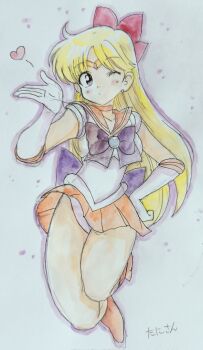 1girl aino_minako artist_name bishoujo_senshi_sailor_moon blonde_hair blowing_kiss breasts gloves grey_eyes hair_ribbon heart highres large_breasts leg_lift leg_up legs long_hair looking_at_viewer one_eye_closed ribbon sailor_venus skirt solo thighs tiara traditional_media wink