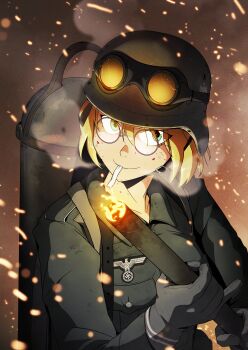 Rule 34 | 1girl, absurdres, blonde hair, blood, blood on eyewear, blood on face, breath, brown background, canister, cigarette, closed mouth, collarbone, collared shirt, combat helmet, crack, damaged, fire, flamethrower, fuel, glasses, gloves, goggles, goggles on headwear, green eyes, grey-framed eyewear, grey gloves, grey headwear, grey helmet, grey shirt, hair between eyes, helmet, highres, holding, holding flamethrower, holding weapon, long sleeves, looking at viewer, military, military combat uniform, military uniform, mouth hold, mrxinom, open collar, original, reichsadler, round eyewear, scratches, shirt, short hair, smile, smoke, smoking, soldier, solo, sparks, stahlhelm, swastika, tinted eyewear, upper body, weapon, wehrmacht, world war ii, yellow-tinted eyewear