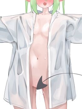 1girl absurdres blue_archive blush breasts covering_crotch covering_privates demon_tail fang green_hair highres long_hair naked_shirt navel nozomi_(blue_archive) open_clothes open_mouth open_shirt oversized_clothes oversized_shirt pfiff pussy_juice shirt simple_background skin_fang small_breasts solo tail tail_censor twintails white_background white_shirt