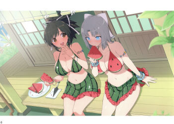 2girls absurdres armlet asuka_(senran_kagura) beach_house bikini bikini_skirt blue_eyes blush bow breasts brown_eyes brown_hair cleavage day eating food food-themed_clothes food_print frilled_bikini frills fruit fruit_print grey_hair hair_bow hair_ribbon hand_to_own_mouth highres holding holding_food holding_fruit holding_watermelon jewelry kunai large_breasts looking_at_another magazine_scan medium_hair multicolored_bikini multiple_girls navel non-web_source official_alternate_costume official_art open_mouth ponytail ribbon scan senran_kagura senran_kagura_new_link shade short_ponytail sitting skindentation smile striped_bow swimsuit watermelon watermelon_print watermelon_slice weapon white_bow white_ribbon yaegashi_nan yumi_(senran_kagura)