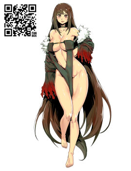 1girl absurdres arm_strap bare_shoulders barefoot black_dress black_gloves black_jacket blush breasts brown_hair center_opening choker cleavage commentary_request cropped_jacket dress earrings elbow_gloves fate/grand_order fate_(series) full_body fur-trimmed_jacket fur_trim gloves highres jacket jewelry korean_commentary large_breasts long_hair looking_at_viewer minew navel off_shoulder open_clothes open_jacket pelvic_curtain qr_code red_eyes ribbon-trimmed_dress ribbon_trim solo tongue tongue_out very_long_hair yu_mei-ren_(fate) yu_mei-ren_(third_ascension)_(fate)