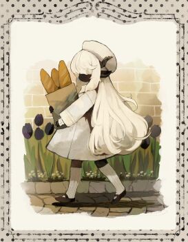1girl absurdres animal_ears bag baguette black_flower black_shoes bread coat covered_eyes flower food framed hair_over_eyes highres holding horns kneehighs long_hair mary_janes original overcoat path ribbed_socks road sakutake_(ue3sayu) sheep_ears sheep_girl sheep_horns shoes socks solo tulip very_long_hair walking white_hair
