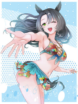 1girl absurdres animal_ears bare_shoulders bikini black_hair blue_bikini blush breasts commentary_request floral_print floral_print_bikini green_eyes hair_between_eyes highres horse_ears horse_girl horse_tail jewelry large_breasts long_hair looking_at_viewer multicolored_hair navel necklace official_alternate_costume official_alternate_hairstyle one_eye_closed open_mouth outstretched_arm print_bikini reaching reaching_towards_viewer reishi_(litvyak) satono_crown_(sunny_island_splendor)_(umamusume) satono_crown_(umamusume) smile solo stomach streaked_hair swimsuit tail umamusume white_hair