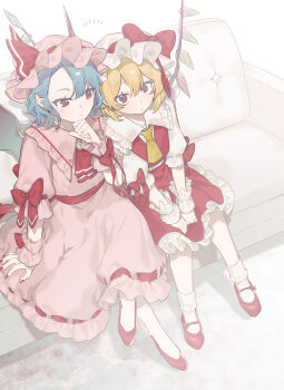 2girls ascot bat_wings blonde_hair blue_hair bow closed_mouth collared_shirt commentary commentary_request couch crossed_legs double-parted_bangs dress flandre_scarlet frilled_shirt_collar frills full_body hair_between_eyes hand_on_own_chin hat hat_bow hat_ribbon highres laspberry. mary_janes mob_cap multiple_girls parted_bangs pink_dress pink_hat pointy_ears red_ascot red_bow red_eyes red_nails red_ribbon red_shoes red_skirt red_vest remilia_scarlet ribbon ribbon-trimmed_skirt ribbon_trim shirt shoes short_hair siblings sisters sitting skirt socks touhou vest white_hat white_shirt white_socks wings yellow_ascot