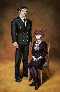 1boy 1girl bad_id bad_pixiv_id bob_cut brown_hair chair dress formal_clothes gloves hairband holding holding_gloves holding_unworn_clothes on_chair pale_skin pantyhose r_dorothy_wayneright red_hair roger_smith short_hair sitting suit the_big_o ug_(ugg) unworn_gloves