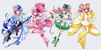 Rule 34 | 4girls, absurdres, ahoge, amulet clover, amulet dia, amulet heart, amulet spade, apron, artist name, beret, blue hat, blue shorts, blue thighhighs, boots, bow, brown footwear, bubble skirt, choker, closed mouth, club hair ornament, commentary, detached sleeves, diamond hair ornament, dress, floating hair, footwear bow, frilled apron, frilled gloves, frilled shirt, frilled sleeves, frills, full body, giant brush, gloves, green bow, green dress, green footwear, grey background, hair bow, hair ornament, hairband, hat, headset, heart, highres, hinamori amu, holding, holding paintbrush, holding pom poms, holding wand, holding whisk, horizontal-striped thighhighs, humpty lock (shugo chara!), index finger raised, kisumi rei, leg warmers, light smile, long hair, looking at viewer, magical girl, maid headdress, multiple girls, multiple persona, one eye closed, ouji fashion, paint, paintbrush, pink hair, pink leg warmers, pink skirt, pom pom (cheerleading), pom poms, ponytail, puffy short sleeves, puffy sleeves, ribbon, shirt, shoes, short dress, short hair, short sleeves, shorts, shugo chara!, sidelocks, signature, simple background, skirt, sleeves past fingers, sleeves past wrists, smile, sneakers, spade (shape), spade hair ornament, standing, standing on one leg, striped clothes, striped thighhighs, thigh boots, thighhighs, twintails, twitter username, visor cap, waist bow, wand, whipped cream, whisk, white apron, white background, white bow, white gloves, white shirt, white thighhighs, wide sleeves, yellow boots, yellow dress, yellow eyes