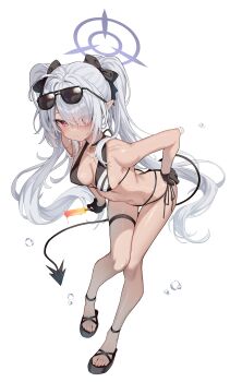 1girl absurdres bare_shoulders bikini black_bikini blue_archive blush breasts commentary_request demon_tail eyewear_on_head food full_body grey_hair hair_between_eyes hair_over_one_eye hair_ribbon halo highres horns iori_(blue_archive) iori_(swimsuit)_(blue_archive) leaning_forward long_hair looking_at_viewer medium_breasts navel official_alternate_costume paid_reward_available popsicle pu_ht red_eyes ribbon sandals simple_background smile solo standing string_bikini sunglasses swimsuit tail twintails very_long_hair white_background