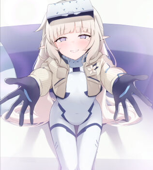 Rule 34 | 1girl, blue archive, bodysuit, brown hair, brown jacket, commentary request, cowboy shot, cropped jacket, elf, flower, grin, head-mounted display, himari (armed) (blue archive), himari (blue archive), incoming hug, jacket, light blush, long hair, looking at viewer, mole, mole under eye, official alternate costume, parted lips, pointy ears, purple eyes, reaching, reaching towards viewer, sitting, smile, solo, sopranino, variant set, white bodysuit, white flower