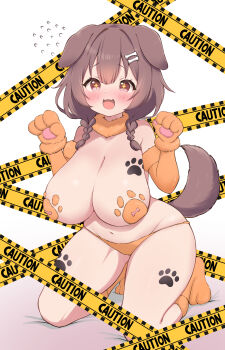 +_+ 1girl absurdres animal_ears animal_hands blush bone_hair_ornament boots braid breasts brown_hair brown_tail cartoon_bone caution_tape dog_ears dog_girl dog_tail fang fur_collar gloves hair_ornament hands_up highres hololive huge_breasts inugami_korone kani_bonara kneeling looking_at_viewer low_twin_braids medium_hair open_mouth paw_gloves paw_pose paw_print paw_shoes skin_fang smile solo tail twin_braids virtual_youtuber yellow_boots yellow_gloves