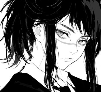 Rule 34 | 1girl, black hair, black necktie, chainsaw man, collared shirt, formal clothes, greyscale, inoitoh, jacket, looking at viewer, medium hair, monochrome, necktie, portrait, scar, scar on face, scar on nose, shirt, sidelocks, simple background, solo, suit, suit jacket, tendou michiko, white background
