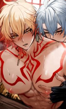 2boys abs absurdres antenna_hair arm_tattoo black_gloves blonde_hair braid chest_tattoo closed_eyes commentary facial_tattoo fingerless_gloves gloves grabbing_from_behind gradient_hair hair_between_eyes hanaos_2 highres honkai:_star_rail honkai_(series) large_pectorals male_focus medium_hair multicolored_hair multiple_boys muscular muscular_male mydei_(honkai:_star_rail) pectoral_grab pectorals phainon_(honkai:_star_rail) red_hair red_tattoo short_hair side_braid tattoo topless_male white_hair yaoi yellow_eyes