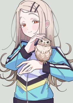 1girl absurdres animal_on_arm bird bird_on_arm blush brown_hair colored_eyelashes commentary_request flipped_hair gakuen_idolmaster highres idolmaster jacket kafueore long_hair long_sleeves looking_at_viewer orange_eyes owl shinosawa_hiro simple_background smile solo track_jacket upper_body very_long_hair