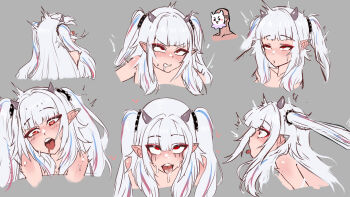 Rule 34 | ahegao, blue hair, expression chart, heiz illust, highres, horns, implied sex, indie virtual youtuber, lucy pyre, pointy ears, red eyes, red hair, twintails, virtual youtuber, white hair