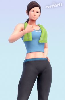 1girl 3d artist_name black_eyes black_hair blue_background blue_shirt breasts brown_hair capri_pants clothes_writing commentary crop_top english_commentary hand_on_own_hip highres leggings long_hair looking_at_viewer midriff navel nintendo nose pants ponytail shirt smile solo spandex standing sweatpants tank_top tatami_daze thumbs_up tight_clothes tight_pants toned towel towel_around_neck wii_fit wii_fit_trainer_(female) yoga_pants