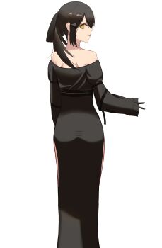 Rule 34 | 1girl, absurdres, ass, bare shoulders, black dress, black hair, black lips, closed mouth, commentary, dandelion (girls' frontline), dress, english commentary, feet out of frame, girls' frontline, girls' frontline 2: exilium, hair between eyes, hair ornament, hair ribbon, hairclip, highres, long hair, long sleeves, looking at viewer, looking back, off-shoulder dress, off shoulder, ribbon, sidelocks, simple background, solo, standing, takaprince, v, white background, yellow eyes