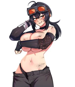 1girl bare_shoulders black_hair blush breasts covering_breasts covering_privates dirty gloves goggles goggles_on_head grace_howard hentaly large_breasts navel orange_eyes panties pants simple_background smile solo teasing topless_female underwear white_background zenless_zone_zero