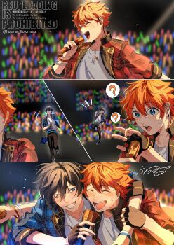 2boys ? akehoshi_subaru arm_around_shoulder black_gloves black_hair blue_eyes blue_jacket blush bracelet closed_eyes commentary ensemble_stars! fingerless_gloves fuuma_(huuma_1totomaru) gloves hair_between_eyes hand_on_another's_arm hidaka_hokuto highres holding holding_microphone jacket jewelry light_particles light_rays male_focus microphone multiple_boys multiple_views notice_lines one_eye_closed open_clothes open_jacket open_mouth orange_hair red_jacket short_hair speech_bubble spoken_question_mark stage_lights sweat twitter_username