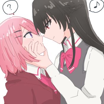 07kz 2girls ? amaori_renako black_hair bow bowtie braid closed_mouth collared_shirt commentary grey_sweater_vest half_up_braid hand_on_another&#039;s_face highres hood hoodie koto_satsuki long_hair medium_hair multiple_girls musical_note pink_bow pink_bowtie pink_hair purple_eyes red_eyes red_hoodie school_uniform shirt simple_background smile spoken_musical_note spoken_question_mark sweater_vest watashi_ga_koibito_ni_nareru_wake_naijan_murimuri! white_background white_shirt yuri
