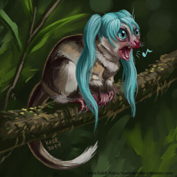 animalization blue_eyes blue_hair blue_nails commentary darwinius_masillae english_commentary hatsune_miku highres kaek_art musical_note no_humans on_branch solo twintails vocaloid watermark web_address worldwide_miku