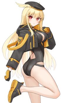 1girl absurdres ass black_choker black_gloves blonde_hair blush breasts choker cropped_jacket fate/grand_order fate_(series) gloves hat head_wings highres kopaka_(karda_nui) leotard long_hair looking_at_viewer medium_breasts multicolored_gloves red_eyes shoes sneakers standing standing_on_one_leg thighs thrud_(fate) valkyrie_(fate) very_long_hair wings yellow_gloves