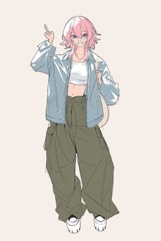 1girl alternate_costume baggy_pants casual daniel_deng full_body green_pants highres honkai:_star_rail honkai_(series) jacket march_7th_(honkai:_star_rail) multicolored_eyes navel open_clothes open_jacket pants pink_hair simple_background solo two-tone_eyes