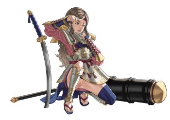 1girl armor asymmetrical_legwear blue_kimono blue_tabard blue_thighhighs bow bowtie brown_eyes brown_hair club_(weapon) commission eyelashes faulds feet fingernails fire_emblem fire_emblem_fates full_body greaves hana_(fire_emblem) headband highres hip_armor japanese_armor japanese_clothes katana kimono kneeling kote kozaki_yuusuke_(style) kusazuri long_hair naginata nintendo no_panties official_style open_mouth peacefulandflat pink_headband pink_kimono polearm pussy red_bow red_bowtie samurai sandals scarf second-party_source shin_guards sidelocks single_thighhigh solo suneate sweat sweatdrop sword tabard tassets teeth thighhighs toenails toes two-sided_fabric two-sided_headwear two-tone_kimono uncensored uneven_legwear vambraces weapon white_armor white_headband white_scarf wiping_forehead