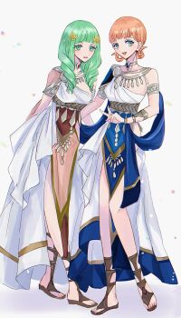 2girls alternate_costume ancient_greek_clothes annette_fantine_dominic armlet belly_chain blush bow bracelet breasts dancer dancer_(fire_emblem:_three_houses) dress drill_hair earrings fire_emblem fire_emblem:_three_houses flayn_(fire_emblem) gladiator_sandals greco-roman_clothes green_eyes green_hair hair_ornament hair_rings hairclip helen_(helen2210hk) highres jewelry long_hair looking_at_viewer multiple_girls nintendo open_mouth orange_hair pelvic_curtain sandals simple_background single-shoulder_dress single_strap small_breasts smile