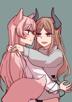 2girls absurdres animal_ears bang_dream! bang_dream!_it&#039;s_mygo!!!!! blue_eyes brown_hair chihaya_anon closed_mouth commentary_request fox_ears grey_eyes highres long_hair long_sleeves multiple_girls nagasaki_soyo open_mouth pink_hair shibadooog simple_background yuri