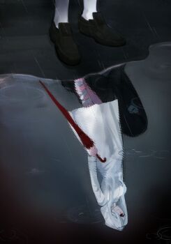 Rule 34 | 1boy, 1girl, adashino adami, bbabbamis2, black hair, black kimono, commentary request, hair over one eye, highres, holding, holding umbrella, homicipher, hood, hood up, japanese clothes, kimono, korean commentary, long hair, mr. crawling, outdoors, puddle, rain, raincoat, red eyes, red umbrella, reflection, reflection focus, reflective liquid, umbrella, white hair, white raincoat