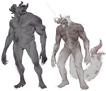 2boys bara batchy_gyo body_fur character_request colored_skin elden_ring full_body grey_skin highres horns horns_on_eye_sockets male_focus monster_boy multiple_boys multiple_horns muscular muscular_male nude protected_link standing strongman_waist tachi-e tail
