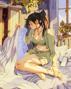 1girl ankle_tattoo bandaid bandaid_on_knee bandaid_on_leg barefoot black_choker black_hair breasts cat cellphone choker cleavage closet earrings ghost green_shirt green_shorts hand_on_own_foot heart heart_necklace highres indoors jewelry leg_tattoo lifting_covers looking_at_animal necklace on_bed original phone plant ponytail potted_plant shirt shorts simz sitting smartphone smile solo tattoo window window_shadow yokozuwari